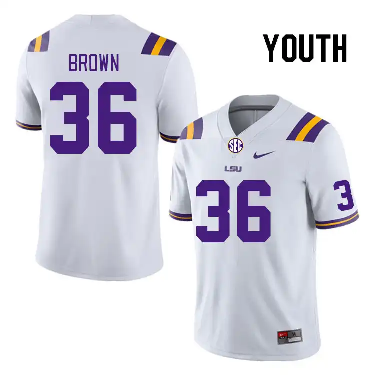 Youth LSU Tigers Dylan Brown #36 White NCAA Football Jersey